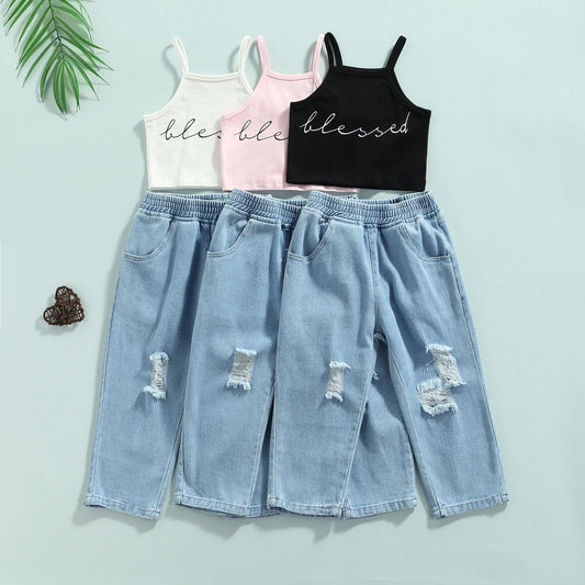 2 Pcs Toddler Casual Outfits, Girls Short Letter Print Halter Tank Tops + Ripped Jeans with Pockets 2-7T